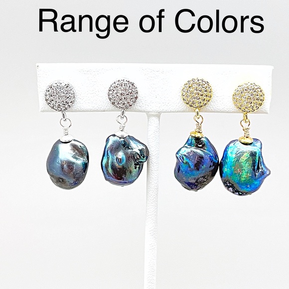 CZ Baroque Black Peacock Pearl Stud Dangles, Gold or Silver, Ships in Gift Box - Picture 2 of 10